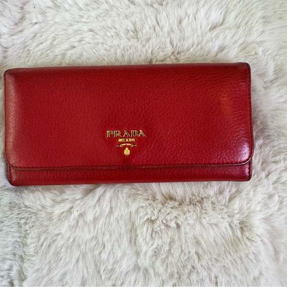 Prada Long Wallet Red Leather Gold Hardware - Picture 1 of 13